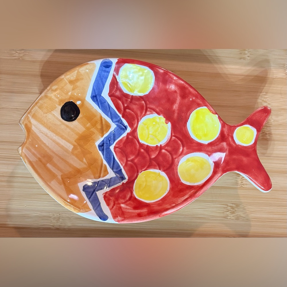 Colorful Fish-Shaped Ceramic Plate Platter Trinket Dish Beach Lake Decor